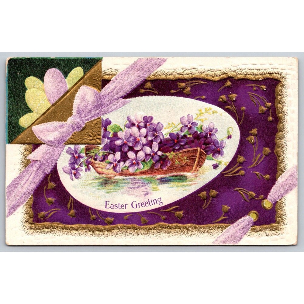 Postcard Antique Easter Greetings Boat Purple Flowers Embossed Unposted c1910s